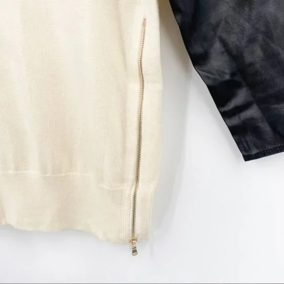 Ann Taylor XS Cream Sweater with Black Faux Leather Sleeves Zipper Accent - Picture 4 of 7